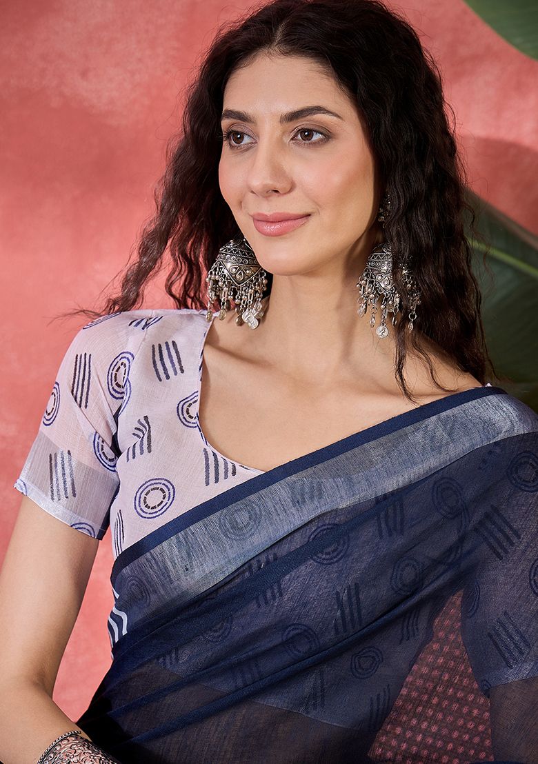 Navy Blue Digital Print Linen Saree with Unstitched Blouse
