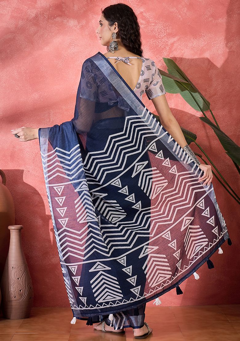Navy Blue Digital Print Linen Saree with Unstitched Blouse