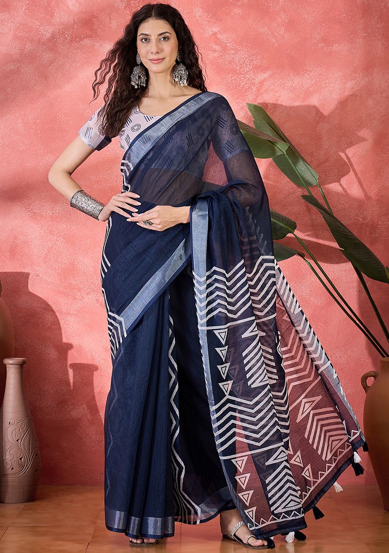Navy Blue Digital Print Linen Saree with Unstitched Blouse