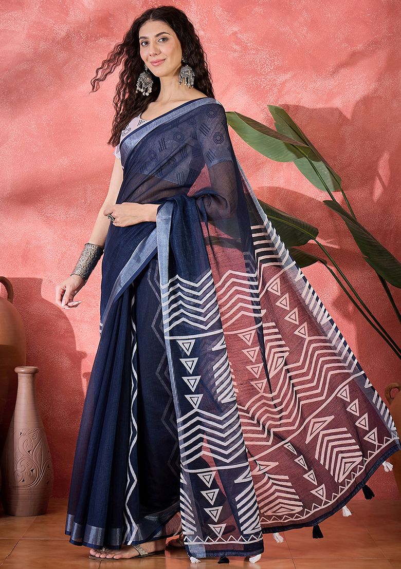 Navy Blue Digital Print Linen Saree with Unstitched Blouse