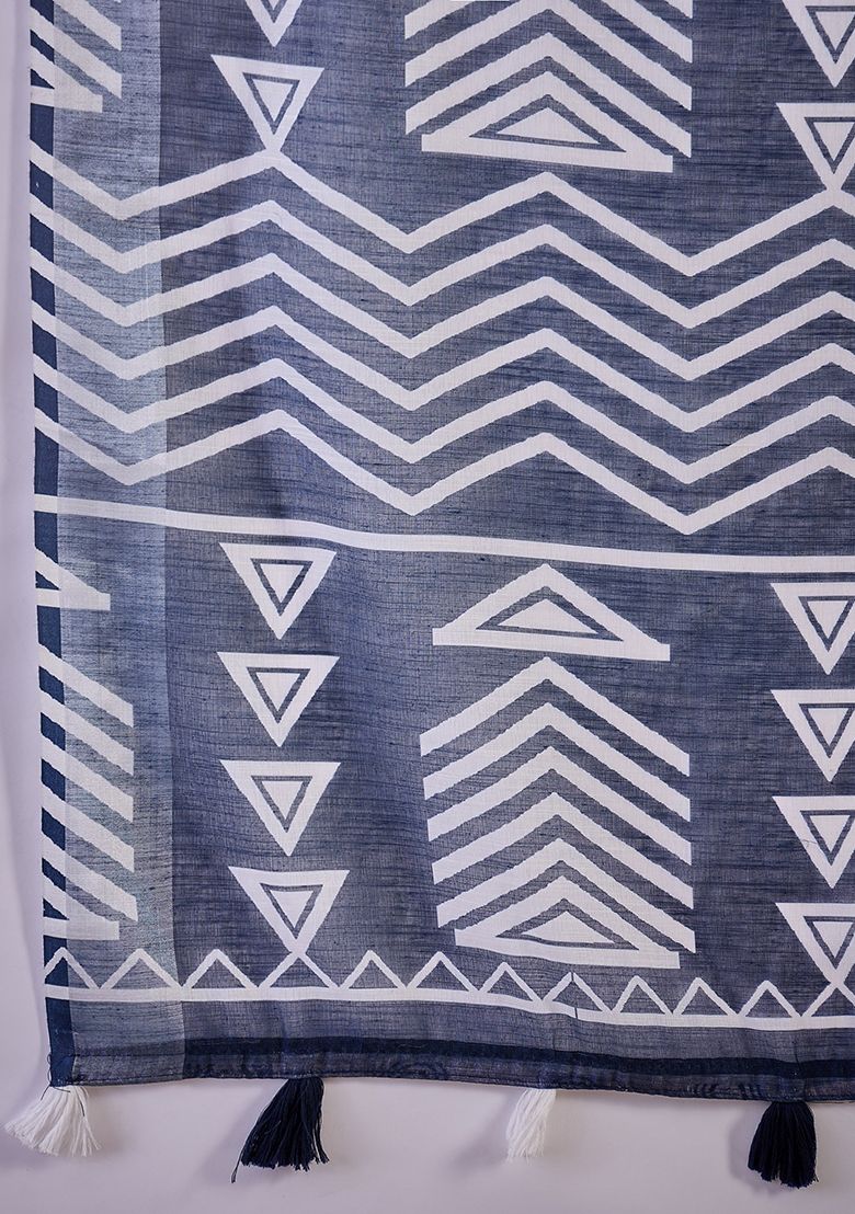 Navy Blue Digital Print Linen Saree with Unstitched Blouse