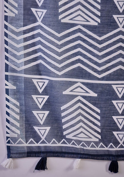 Navy Blue Digital Print Linen Saree with Unstitched Blouse