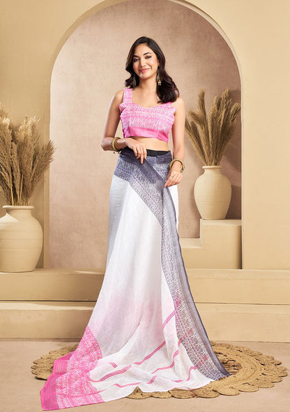 New Digital Print Linen Saree with Unstitched Blouse