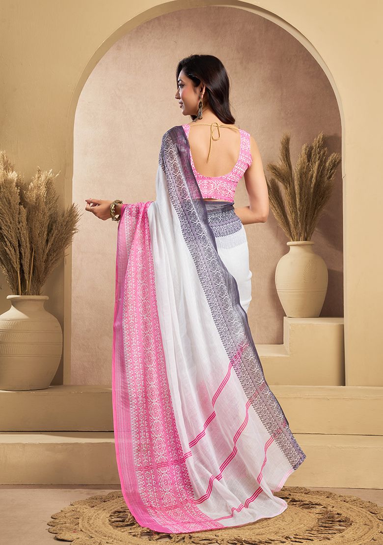 New Digital Print Linen Saree with Unstitched Blouse