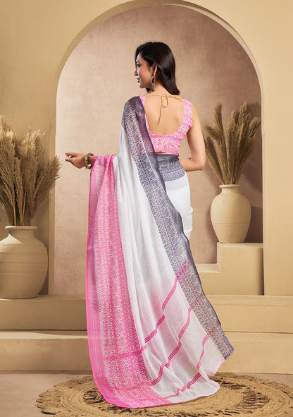 New Digital Print Linen Saree with Unstitched Blouse