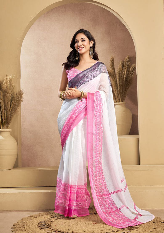 New Digital Print Linen Saree with Unstitched Blouse