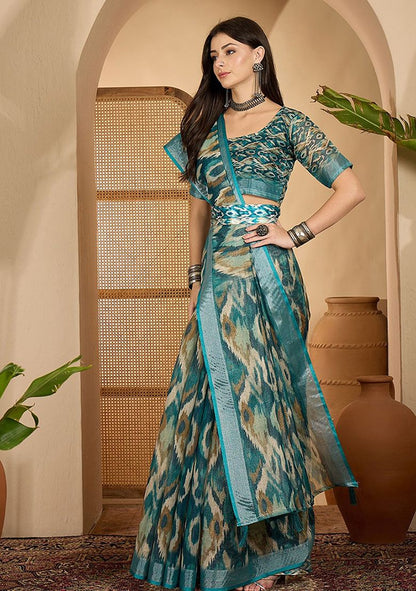 Iconic Digital Print Linen Saree with Unstitched Blouse
