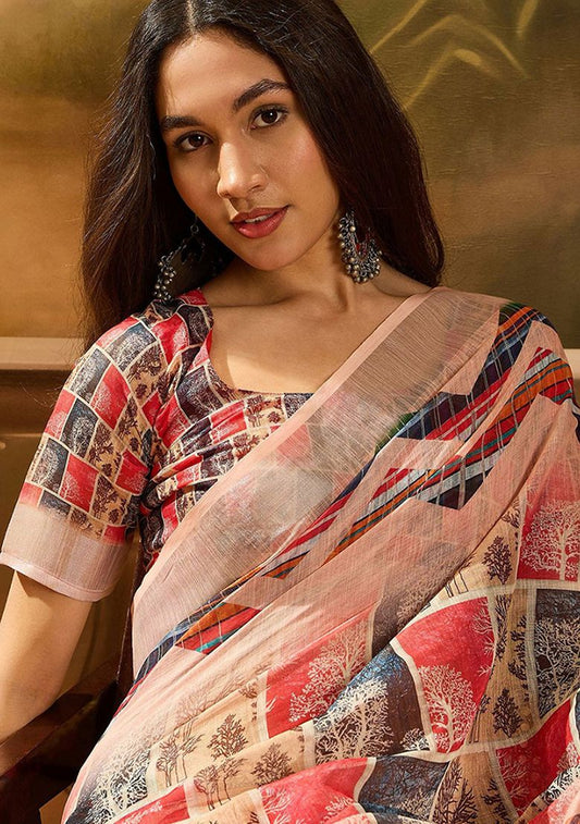 Classic Digital Print Linen Saree with Unstitched Blouse