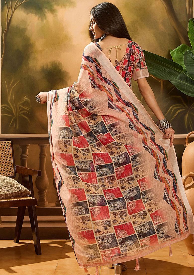 Classic Digital Print Linen Saree with Unstitched Blouse
