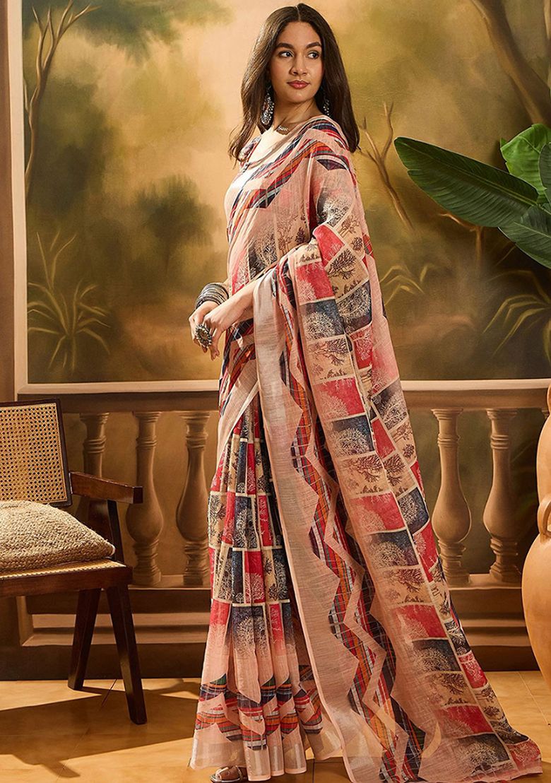 Classic Digital Print Linen Saree with Unstitched Blouse