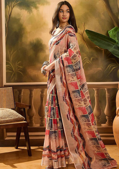 Classic Digital Print Linen Saree with Unstitched Blouse