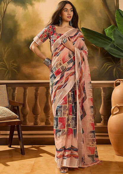 Classic Digital Print Linen Saree with Unstitched Blouse