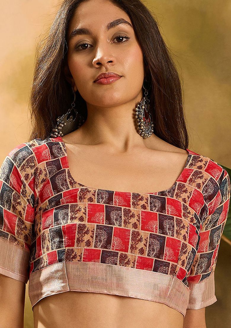 Classic Digital Print Linen Saree with Unstitched Blouse