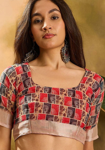Classic Digital Print Linen Saree with Unstitched Blouse