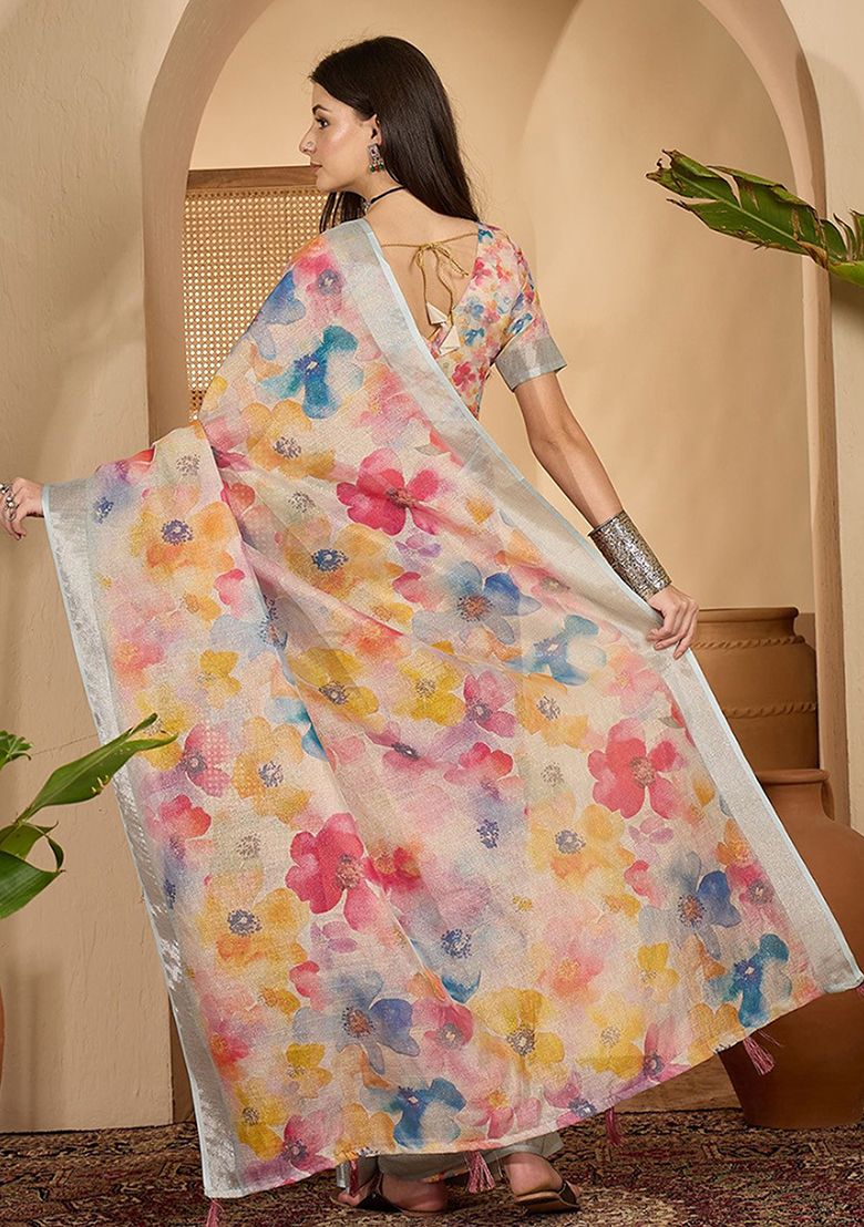 Multi Flower Digital Print Linen Saree with Unstitched Blouse