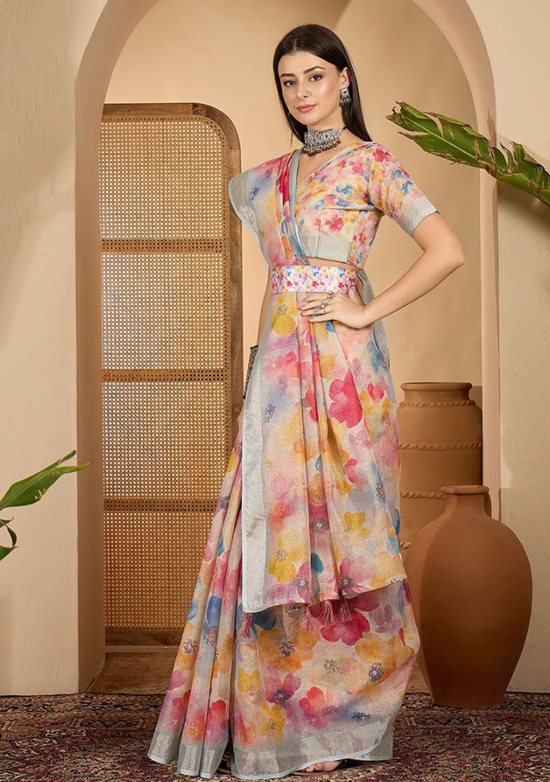 Multi Flower Digital Print Linen Saree with Unstitched Blouse