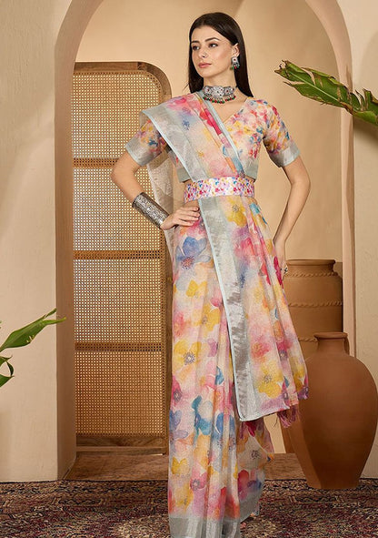 Multi Flower Digital Print Linen Saree with Unstitched Blouse