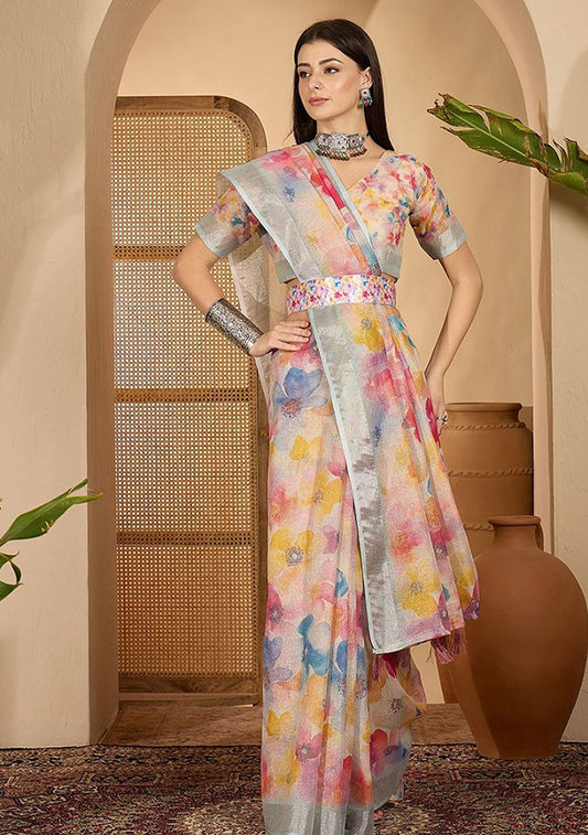 Multi Flower Digital Print Linen Saree with Unstitched Blouse