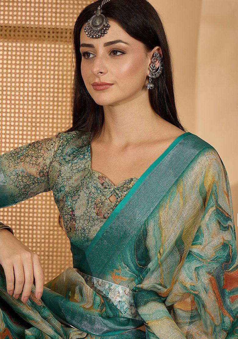 Timeless Digital Print Linen Saree with Unstitched Blouse