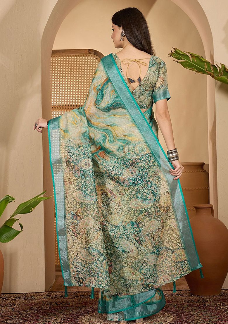 Timeless Digital Print Linen Saree with Unstitched Blouse