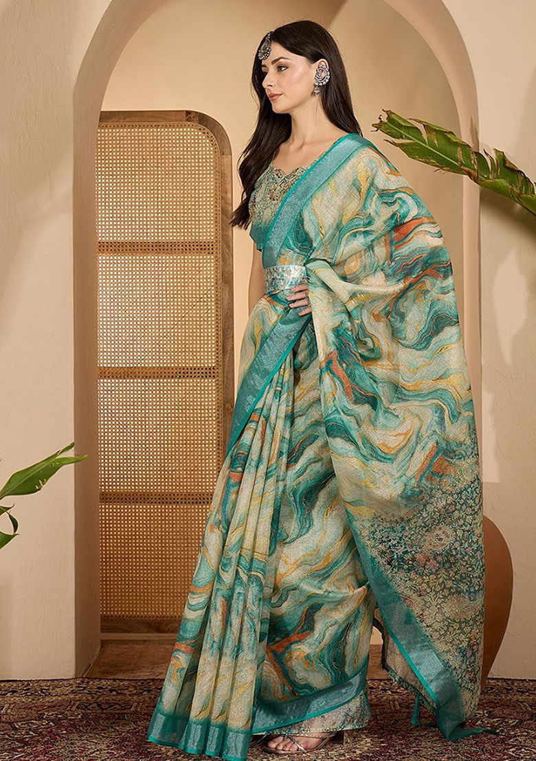 Timeless Digital Print Linen Saree with Unstitched Blouse