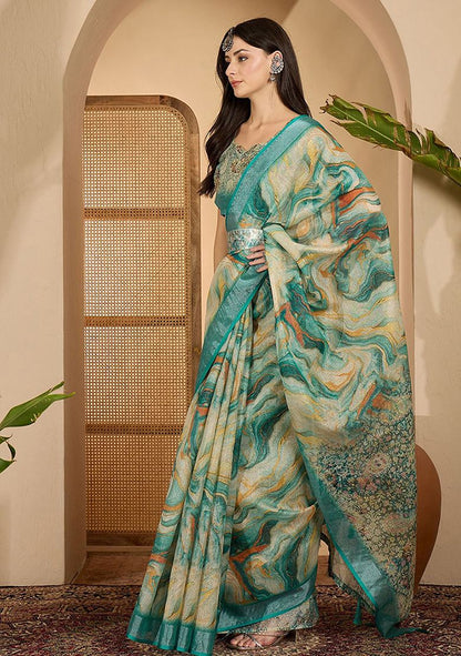 Timeless Digital Print Linen Saree with Unstitched Blouse
