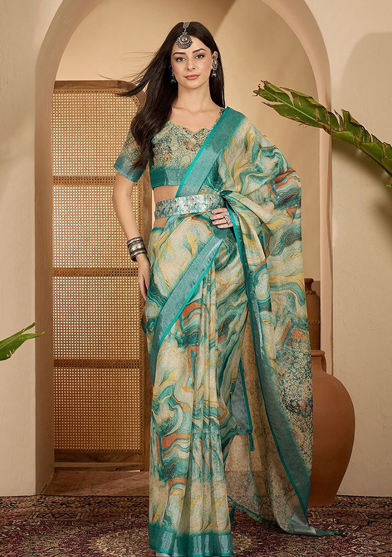 Timeless Digital Print Linen Saree with Unstitched Blouse