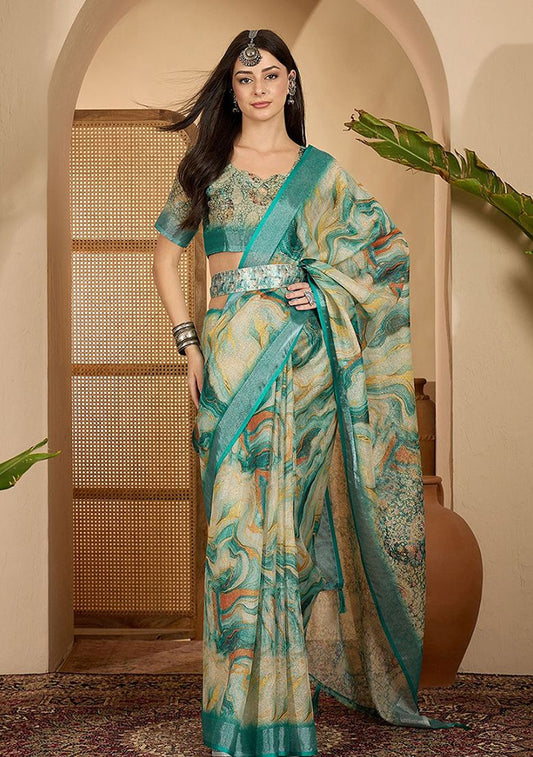Timeless Digital Print Linen Saree with Unstitched Blouse
