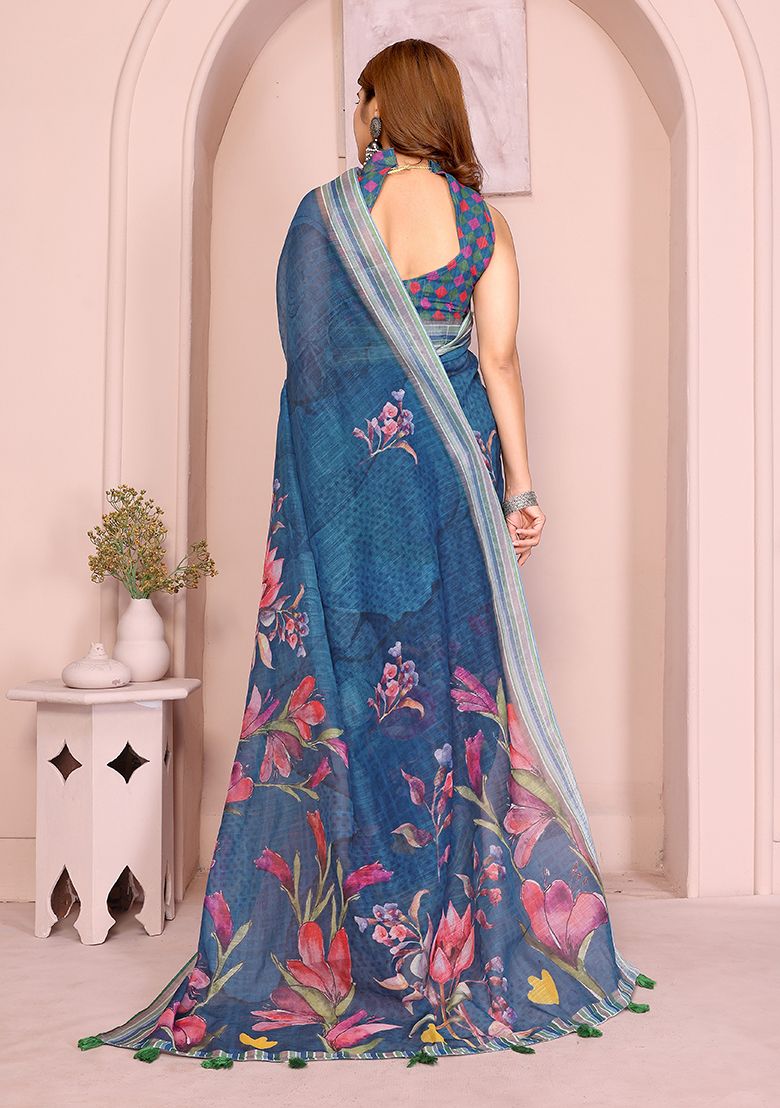 Multi Flower Digital Print Linen Saree with Unstitched Blouse