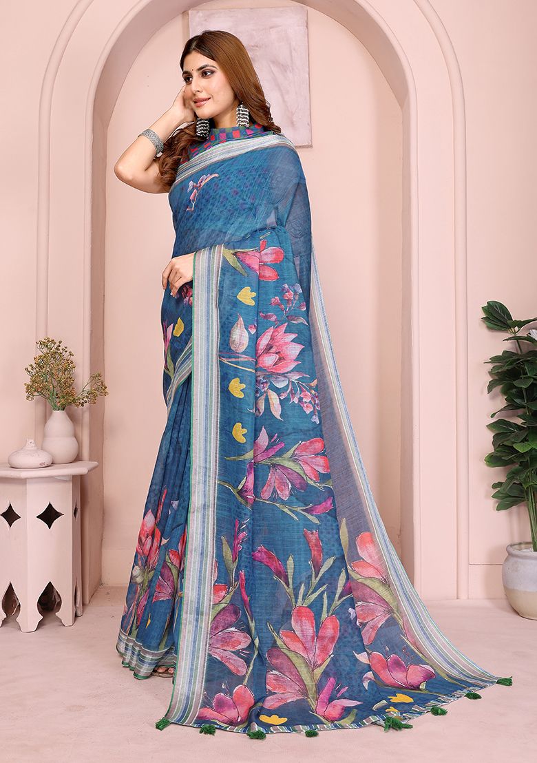 Multi Flower Digital Print Linen Saree with Unstitched Blouse