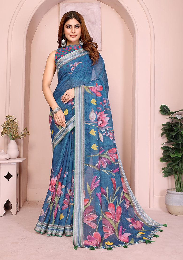 Multi Flower Digital Print Linen Saree with Unstitched Blouse