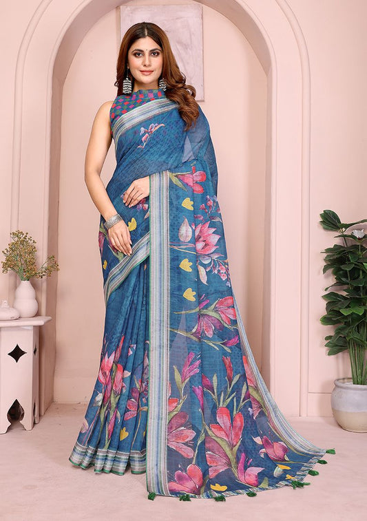 Multi Flower Digital Print Linen Saree with Unstitched Blouse