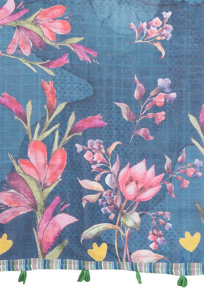 Multi Flower Digital Print Linen Saree with Unstitched Blouse