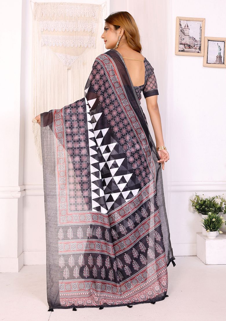 Elegant Print Linen Saree with Unstitched Blouse