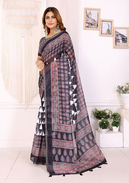 Elegant Print Linen Saree with Unstitched Blouse