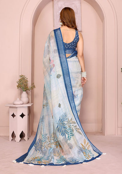 Flower Print Linen Saree with Unstitched Blouse