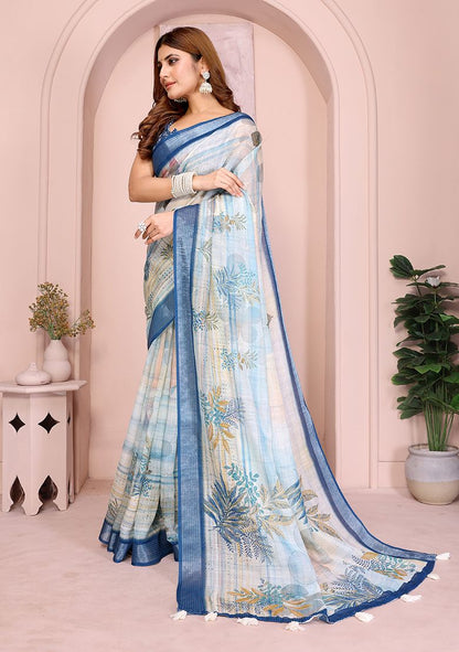 Flower Print Linen Saree with Unstitched Blouse