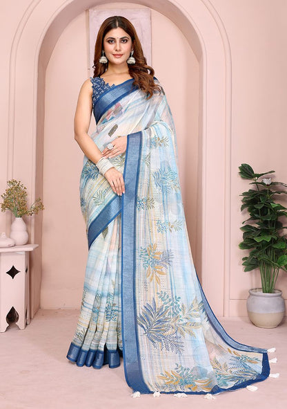 Flower Print Linen Saree with Unstitched Blouse