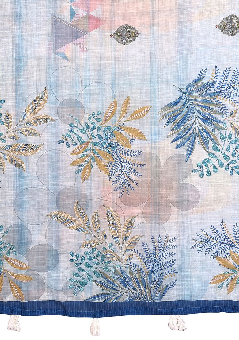 Flower Print Linen Saree with Unstitched Blouse