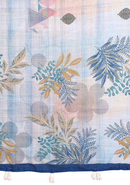 Flower Print Linen Saree with Unstitched Blouse
