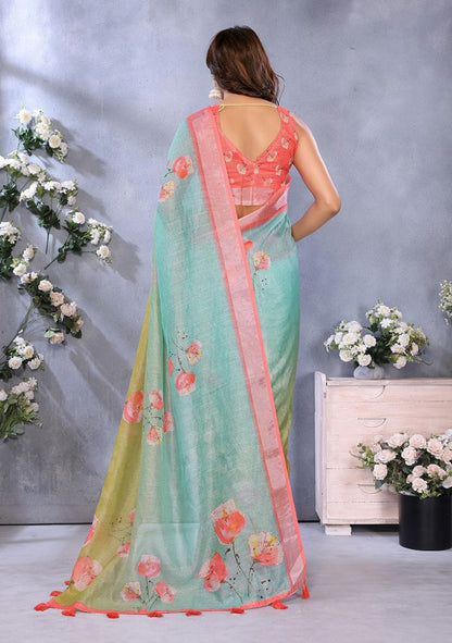 Multicolor Flower Print Linen Saree with Unstitched Blouse