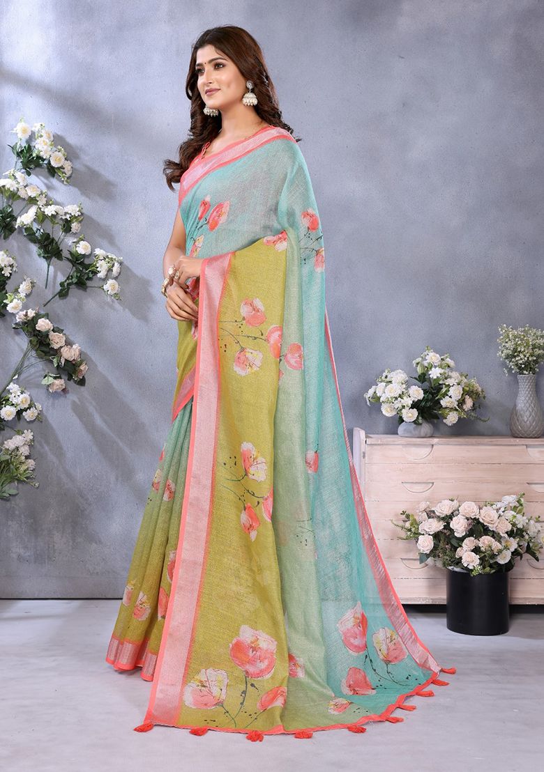 Multicolor Flower Print Linen Saree with Unstitched Blouse