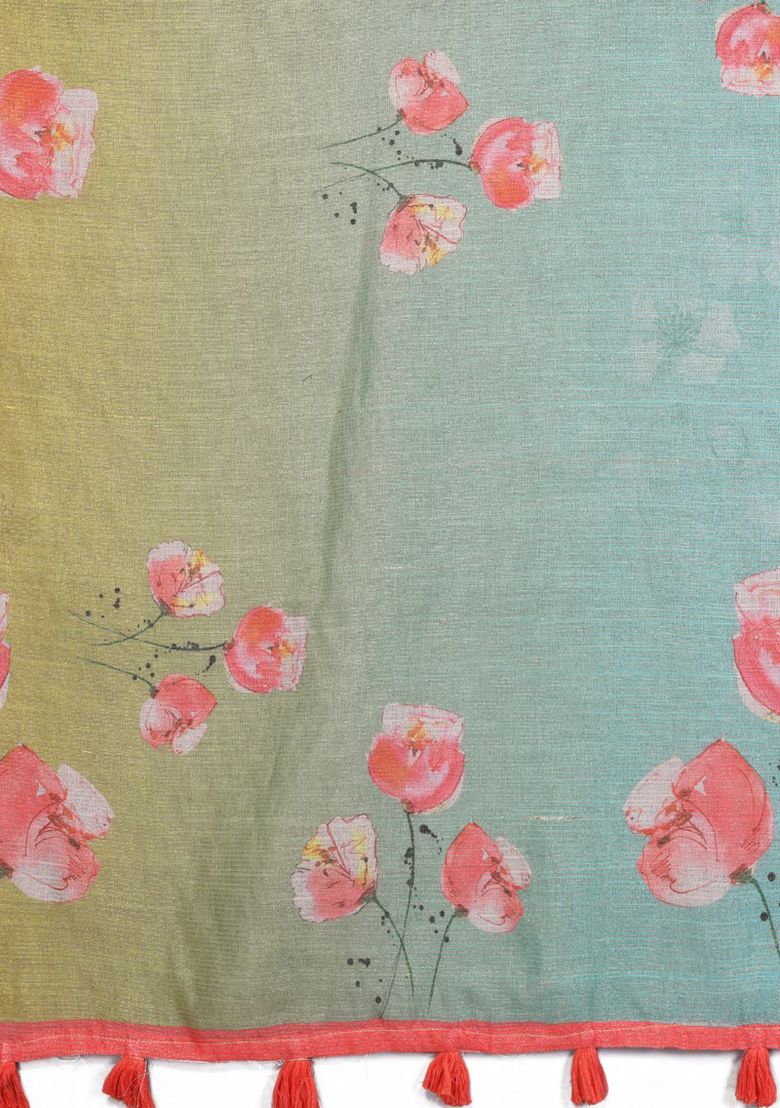 Multicolor Flower Print Linen Saree with Unstitched Blouse
