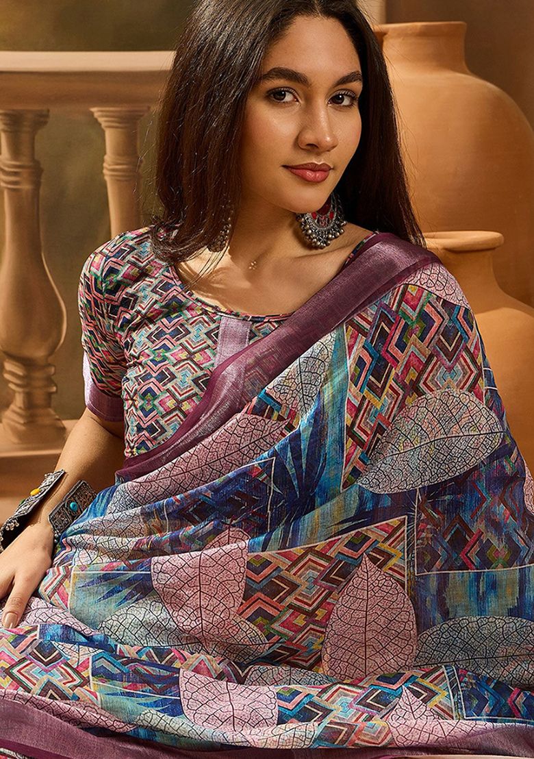 Artistic Print Linen Saree with Unstitched Blouse
