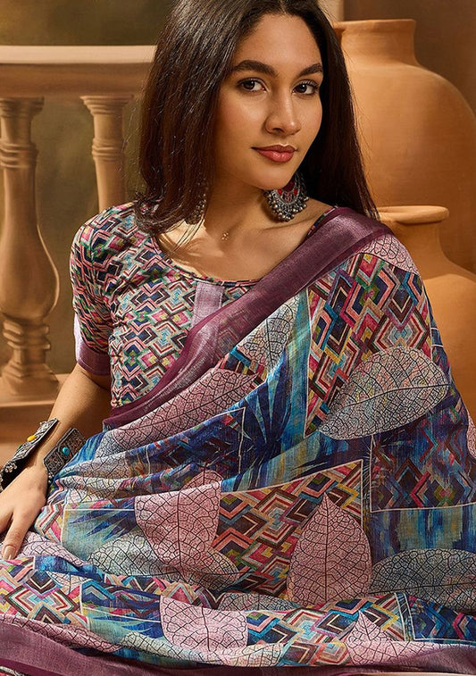 Artistic Print Linen Saree with Unstitched Blouse