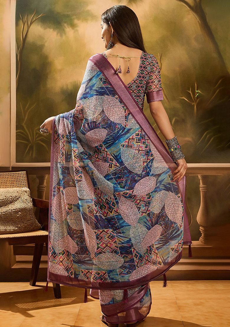 Artistic Print Linen Saree with Unstitched Blouse