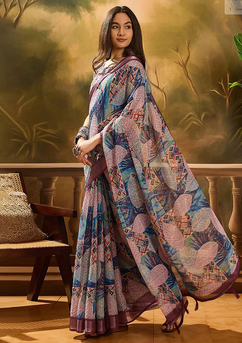 Artistic Print Linen Saree with Unstitched Blouse