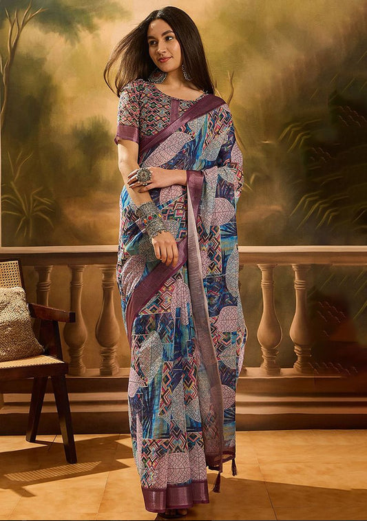 Artistic Print Linen Saree with Unstitched Blouse