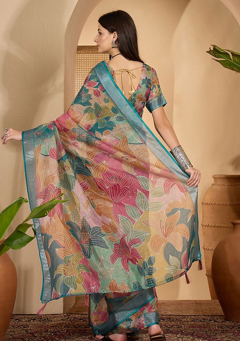 Elegant Print Linen Saree with Unstitched Blouse