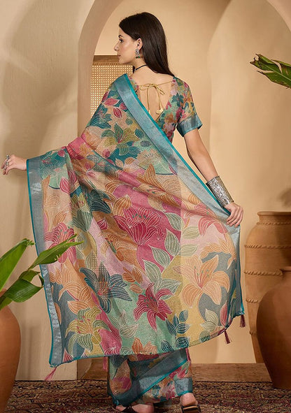 Elegant Print Linen Saree with Unstitched Blouse